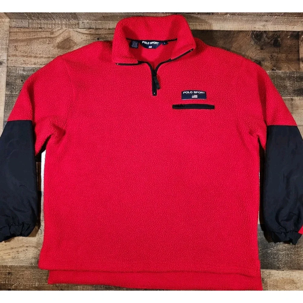 Vintage Ralph Lauren Polo Sport Sweater Mens Large Red Fleece 1/4 Zip 90s